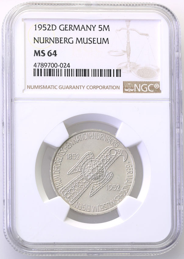 Niemcy. RFN. 5 marek 1952 D, Germanisches Museum NGC MS64